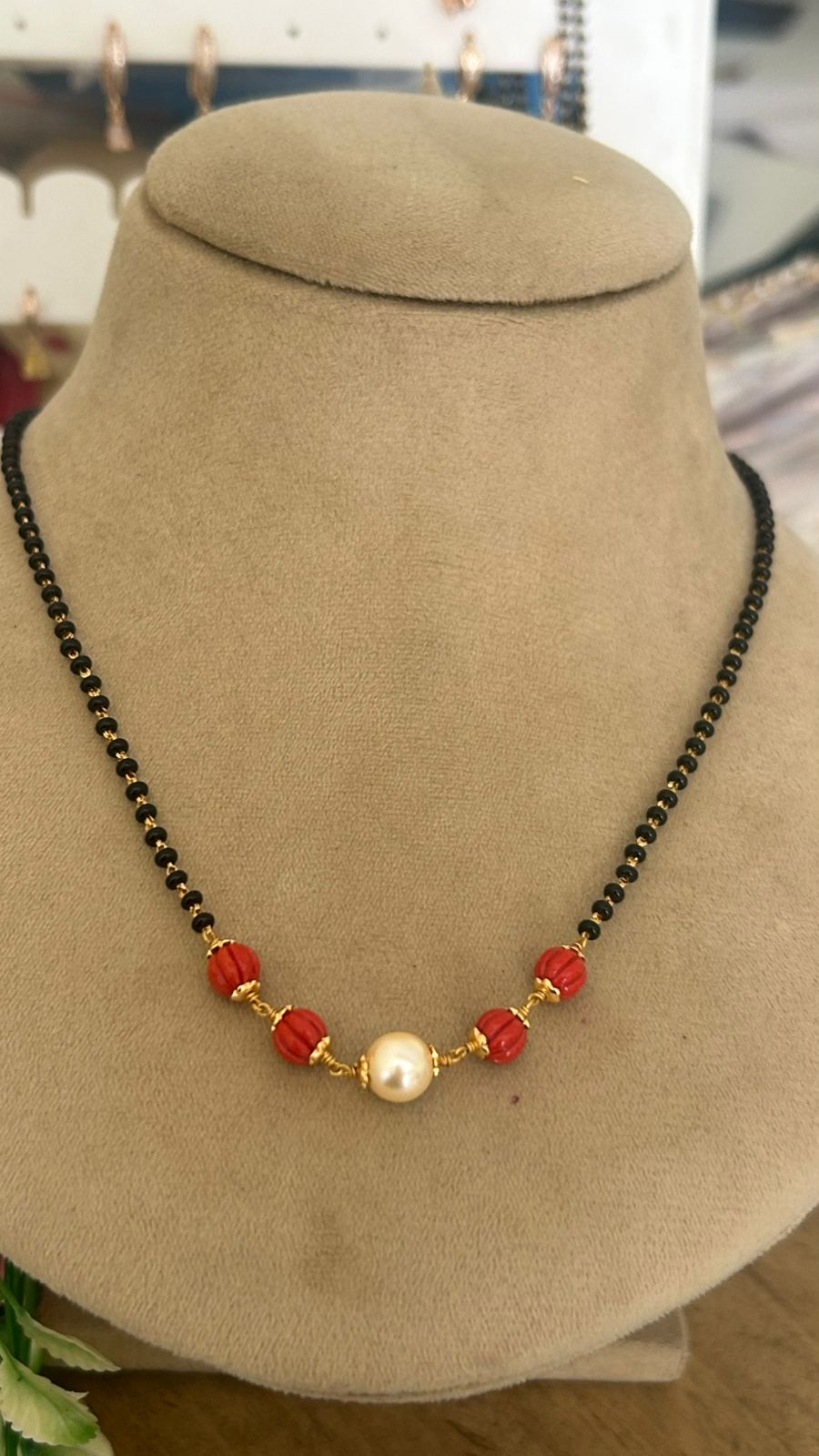Traditional Black Beads Mangalsutra with Corals and Swarovski Pearl