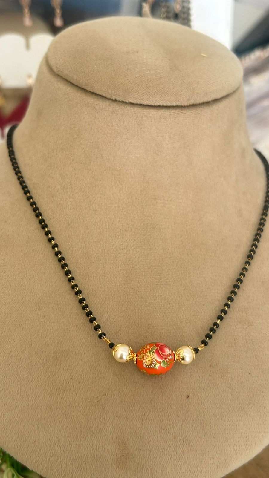 Single Line Black Beads with Enamel Coral Bead & Swarovski Pearls