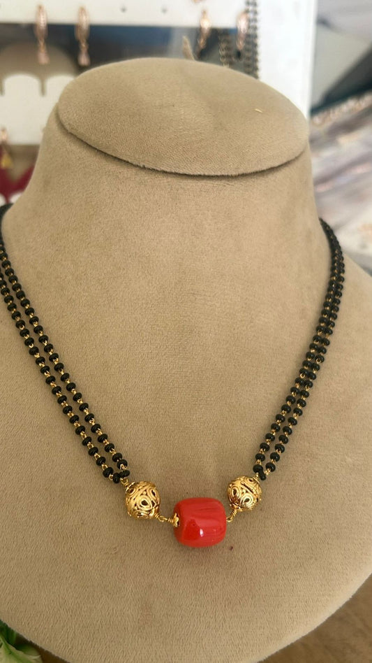 Black Beads Two Line Mangalsutra with Coral Bead & Gold Ball Traditional Daily Wear Necklace Design