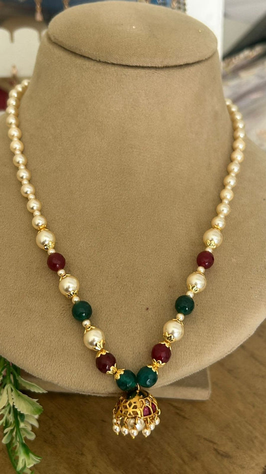 Traditional Pearl Mala with Green & Red Beads and Gold Jhumka