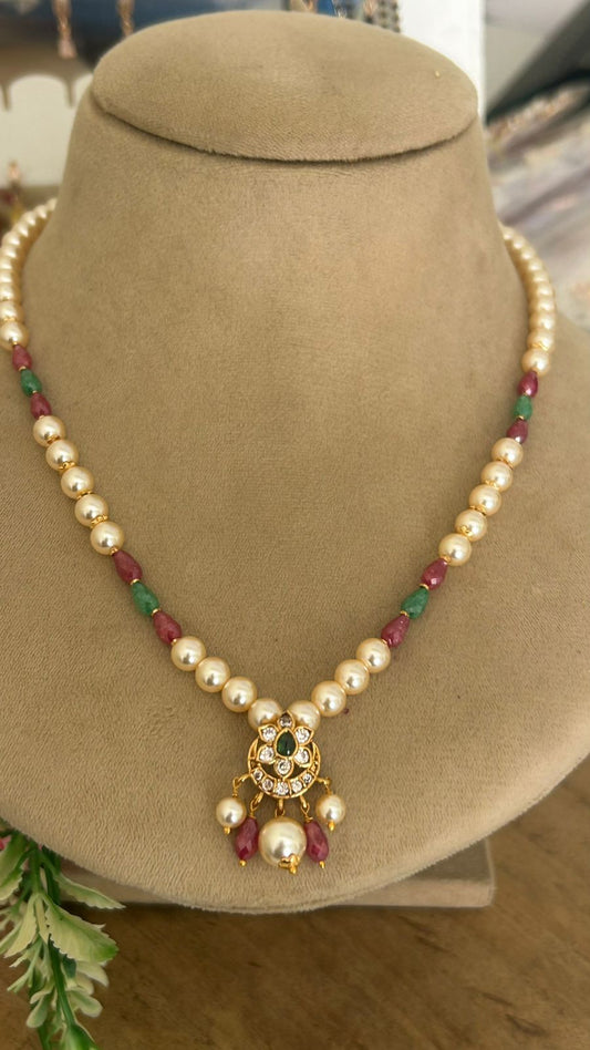 Festive Pearl Necklace with Multicolor Stones and Gold Finish Pendant
