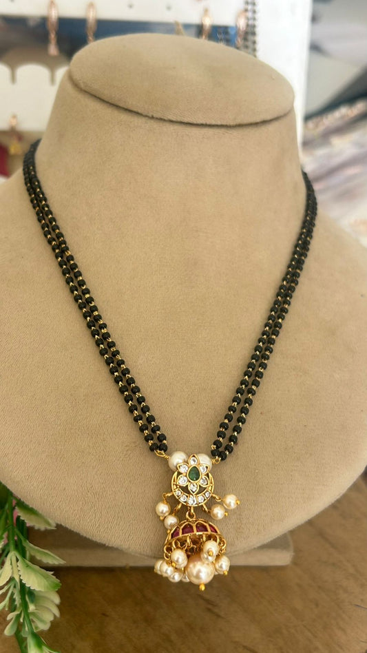 Two Line Black Beads Mangalsutra with Pendant & Pearl Jhumka
