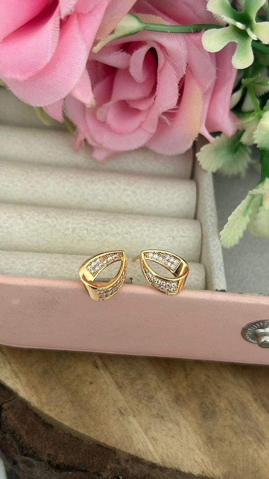 Modern Curved Leaf Shape CZ Earrings with Push Back Closure