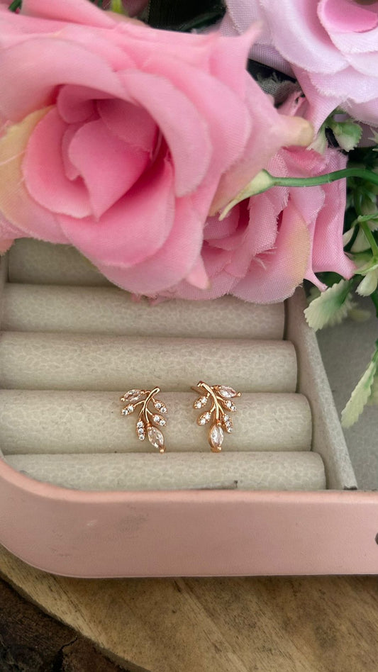 Leaf Branch Shape CZ Stud Earrings with Push Back Closure