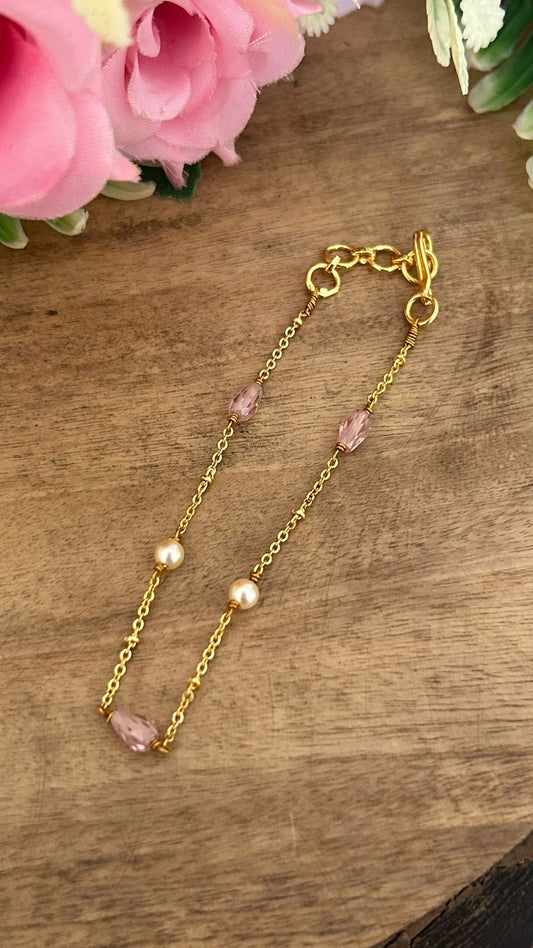 Handmade CZ Light Pink Beads & Swarovski Pearl Bracelet