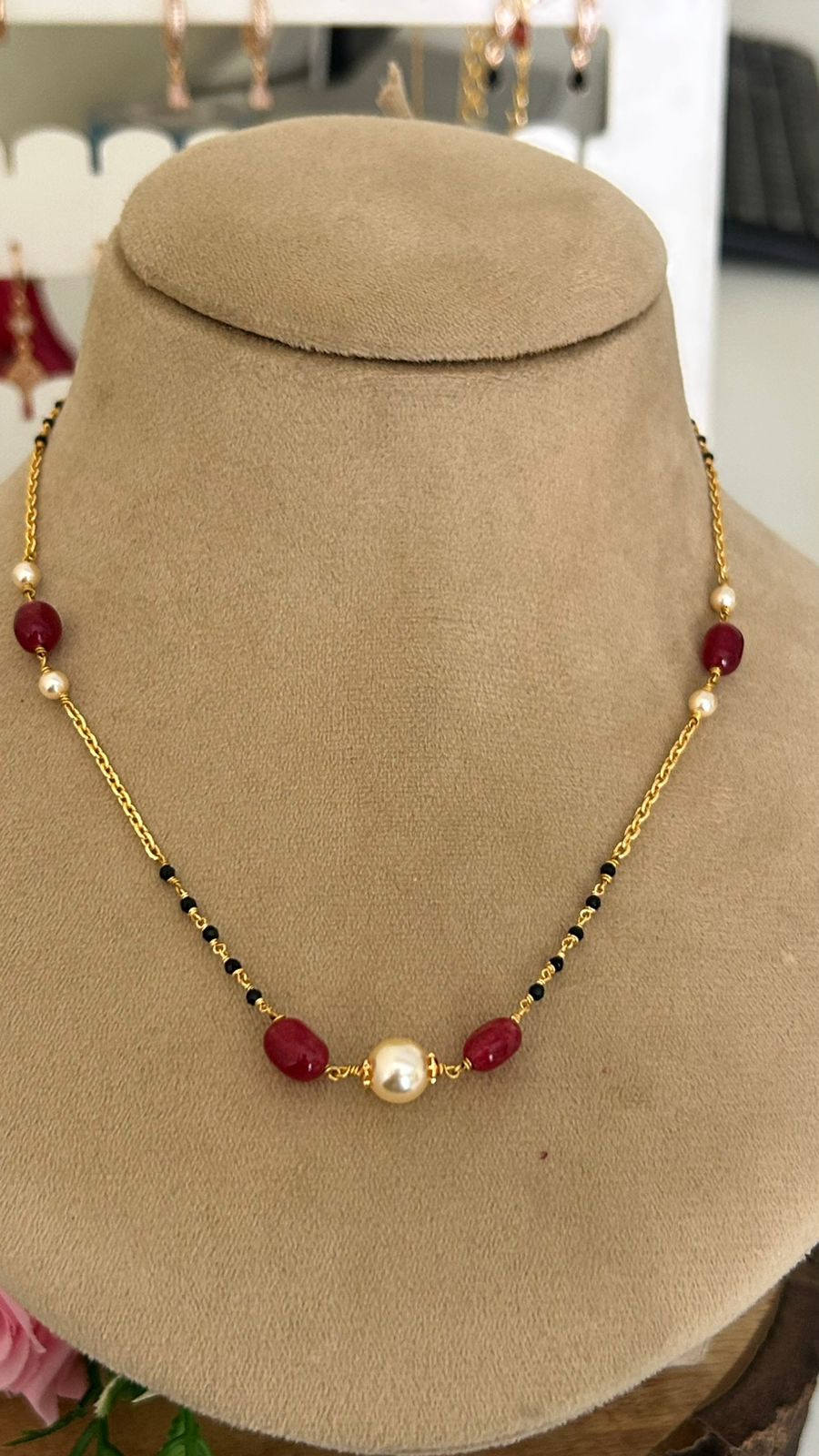 Black Beads Necklace with Red Onyx Beads & Swarovski Pearl