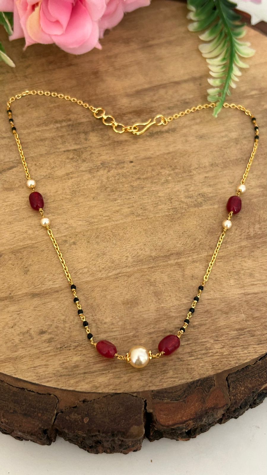 Black Beads Necklace with Red Onyx Beads & Swarovski Pearl