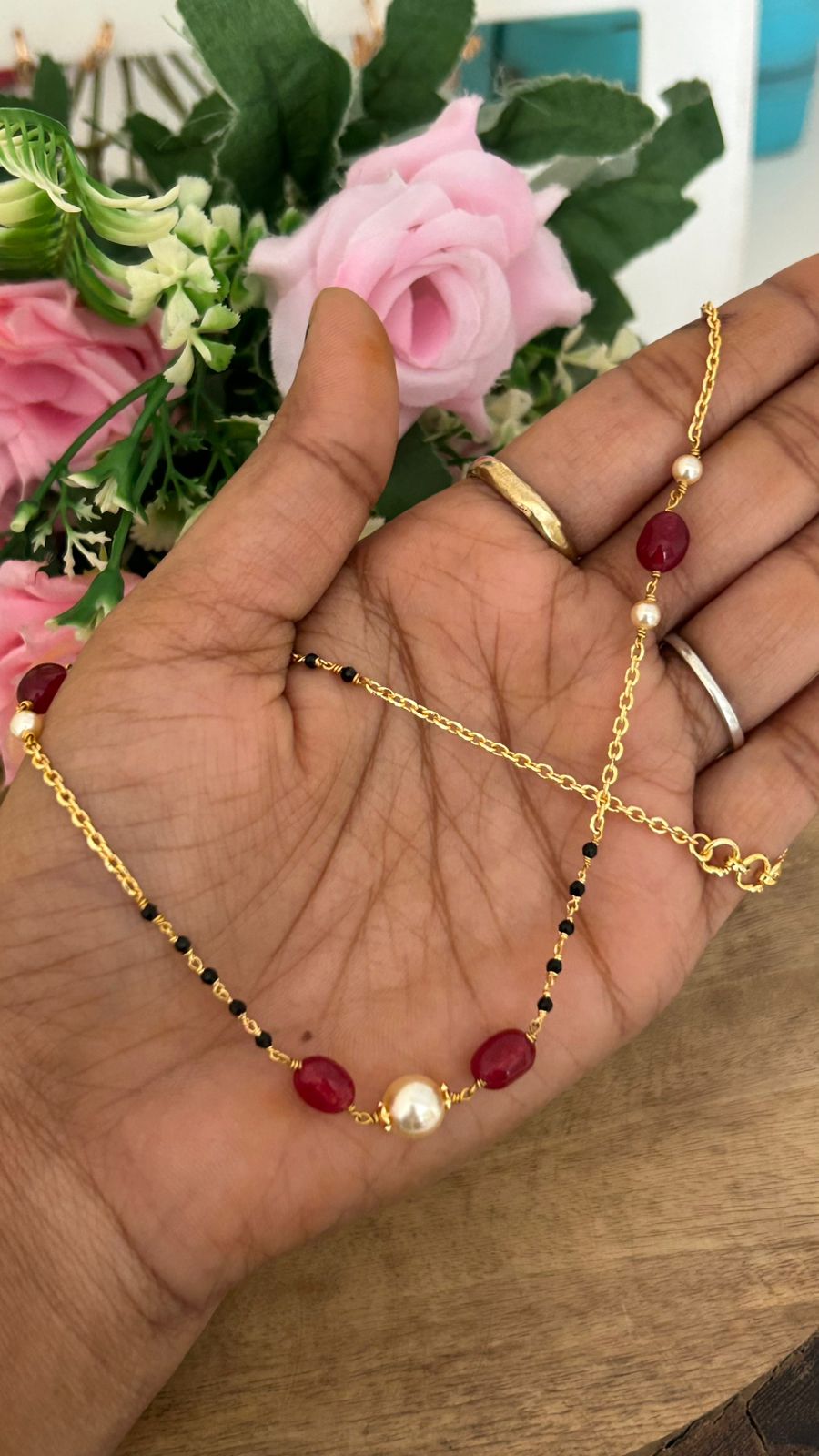 Black Beads Necklace with Red Onyx Beads & Swarovski Pearl