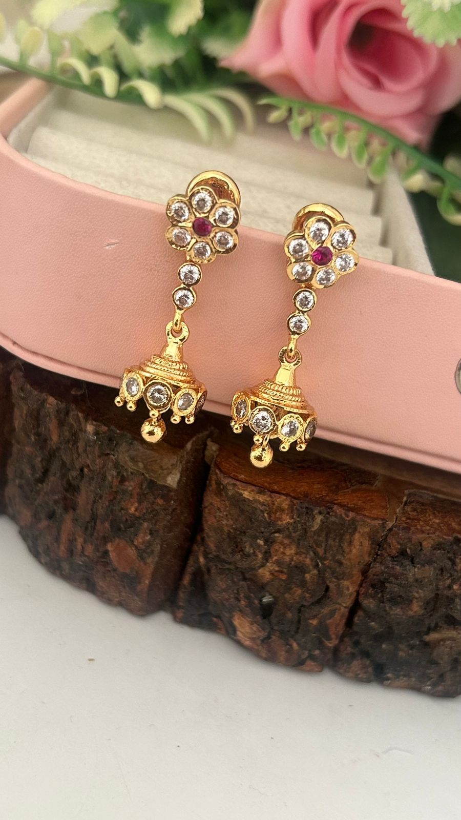 Floral Panchaloham Gold Polished Stud Earrings with Detachable Jhumka Hanging
