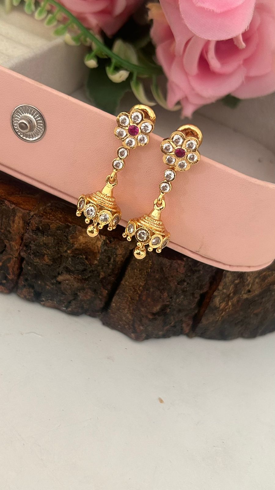 Floral Panchaloham Gold Polished Stud Earrings with Detachable Jhumka Hanging