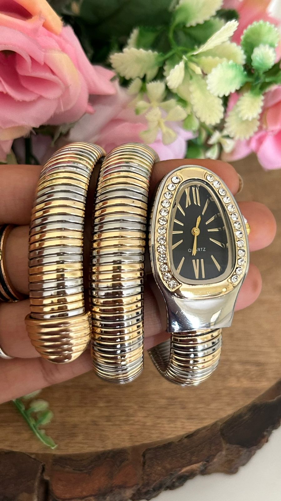 Women's Snake Wrap Watch, Gold and Silver Tone, Crystal Embellished Bezel, Black Dial for Women & Girls