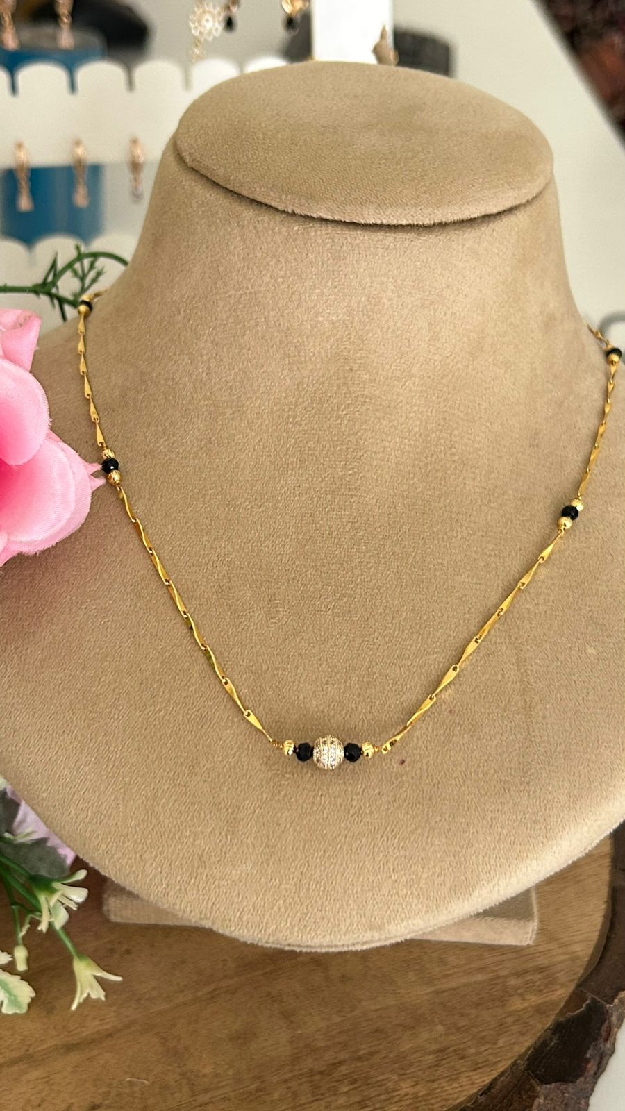 Gold Plated Black Beads Mangalsutra Chain with CZ Ball Pendant