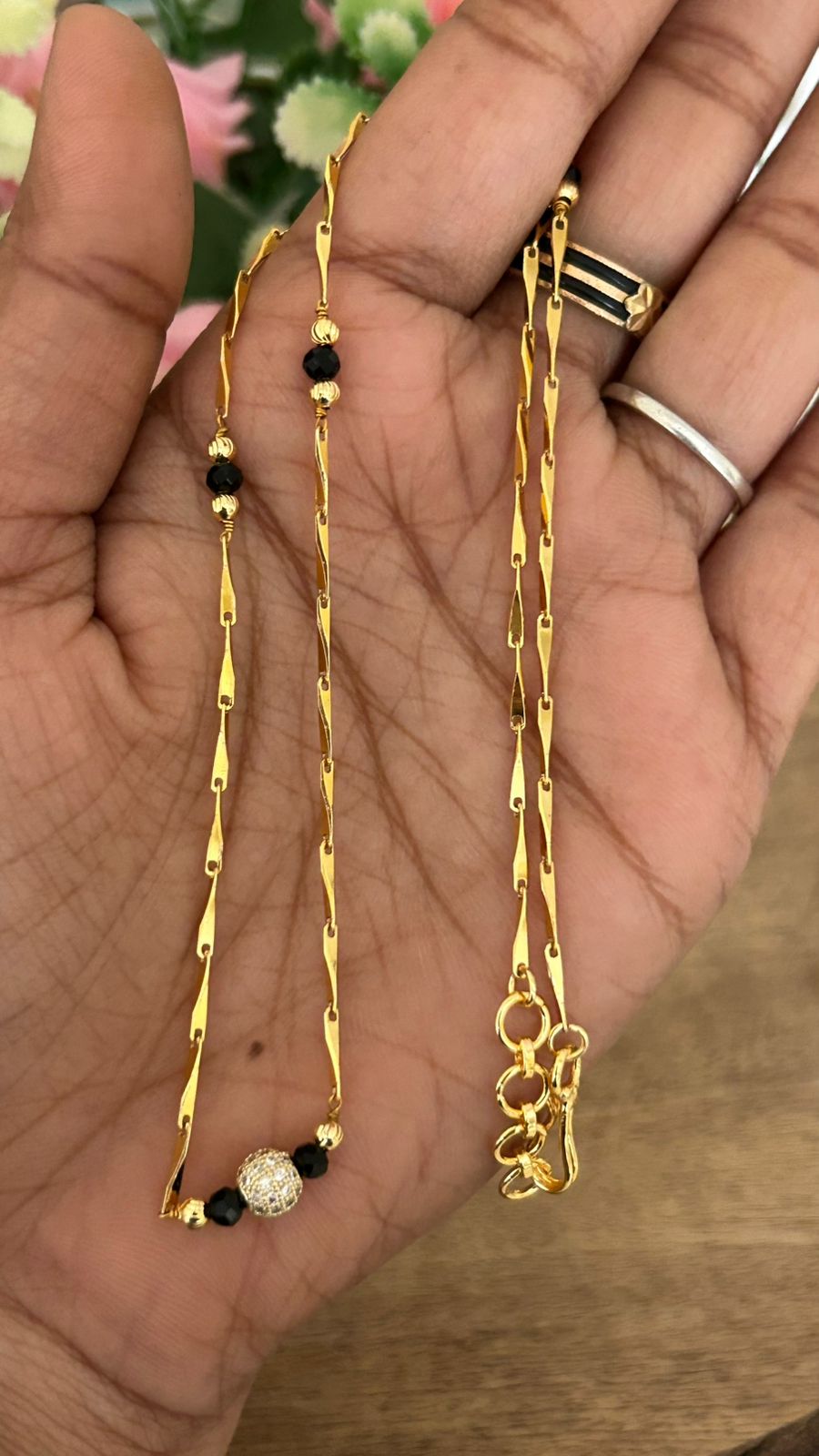 Gold Plated Black Beads Mangalsutra Chain with CZ Ball Pendant