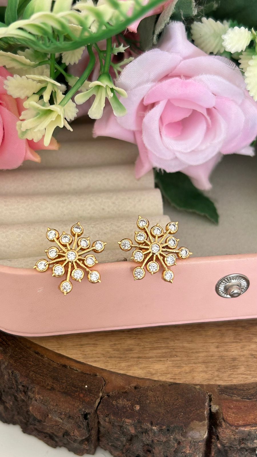 Traditional Panchaloham Floral Studs – Big Six-Petal Design with White Stones