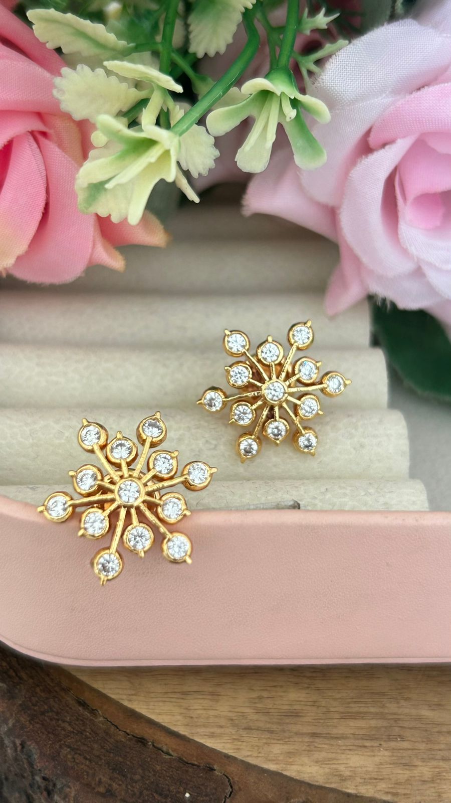 Traditional Panchaloham Floral Studs – Big Six-Petal Design with White Stones