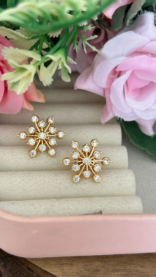 Traditional Panchaloham Floral Studs – Big Six-Petal Design with White Stones