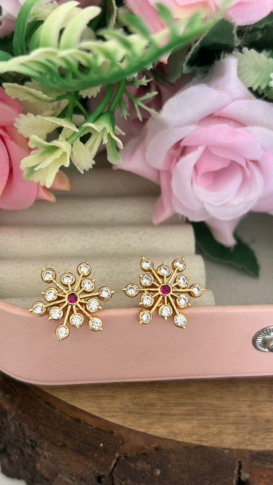 Classic Panchaloham Statement Studs – Radiant Flower Design with middle red stone
