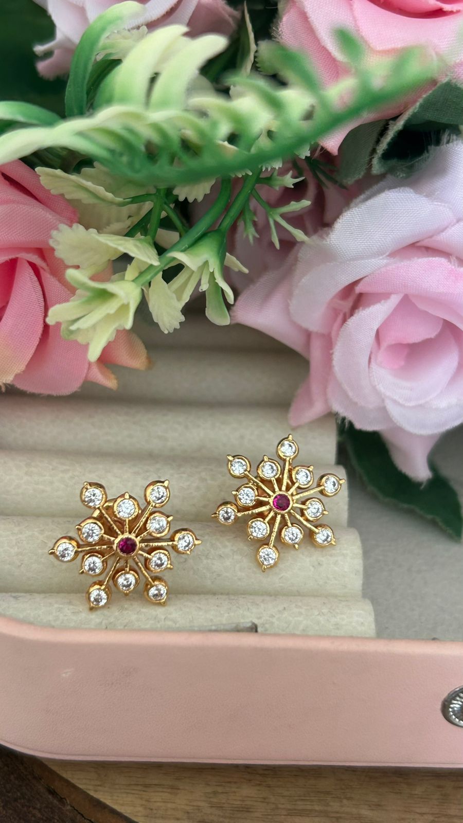 Classic Panchaloham Statement Studs – Radiant Flower Design with middle red stone