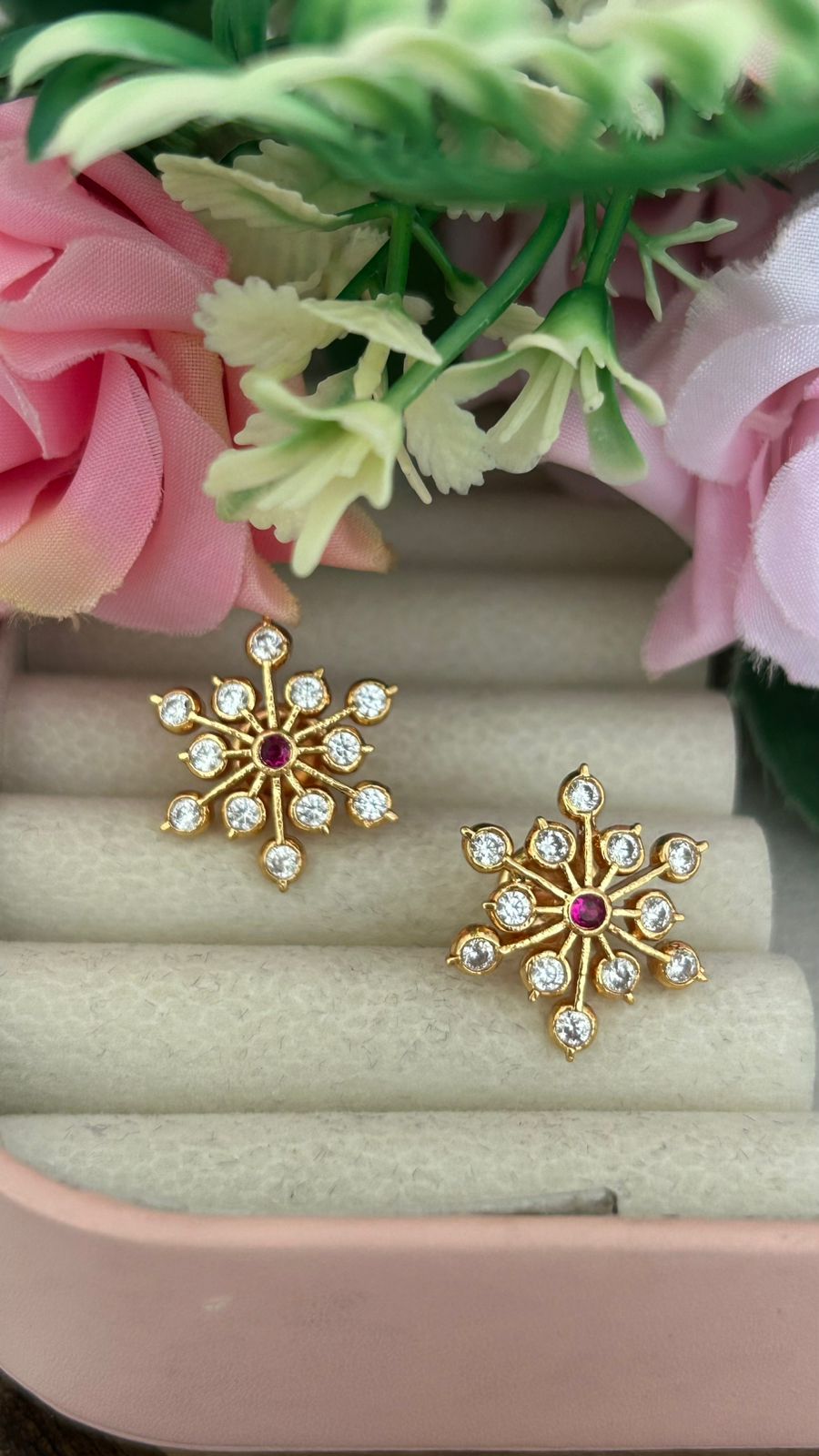 Classic Panchaloham Statement Studs – Radiant Flower Design with middle red stone