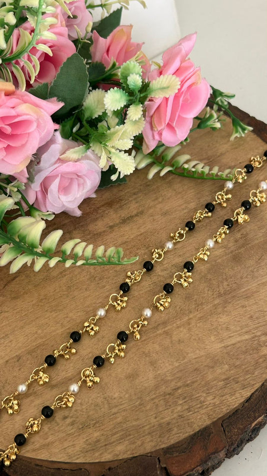 Traditional Panchaloham Anklets with Black Beads & Pearl Charms in 10 and half inch
