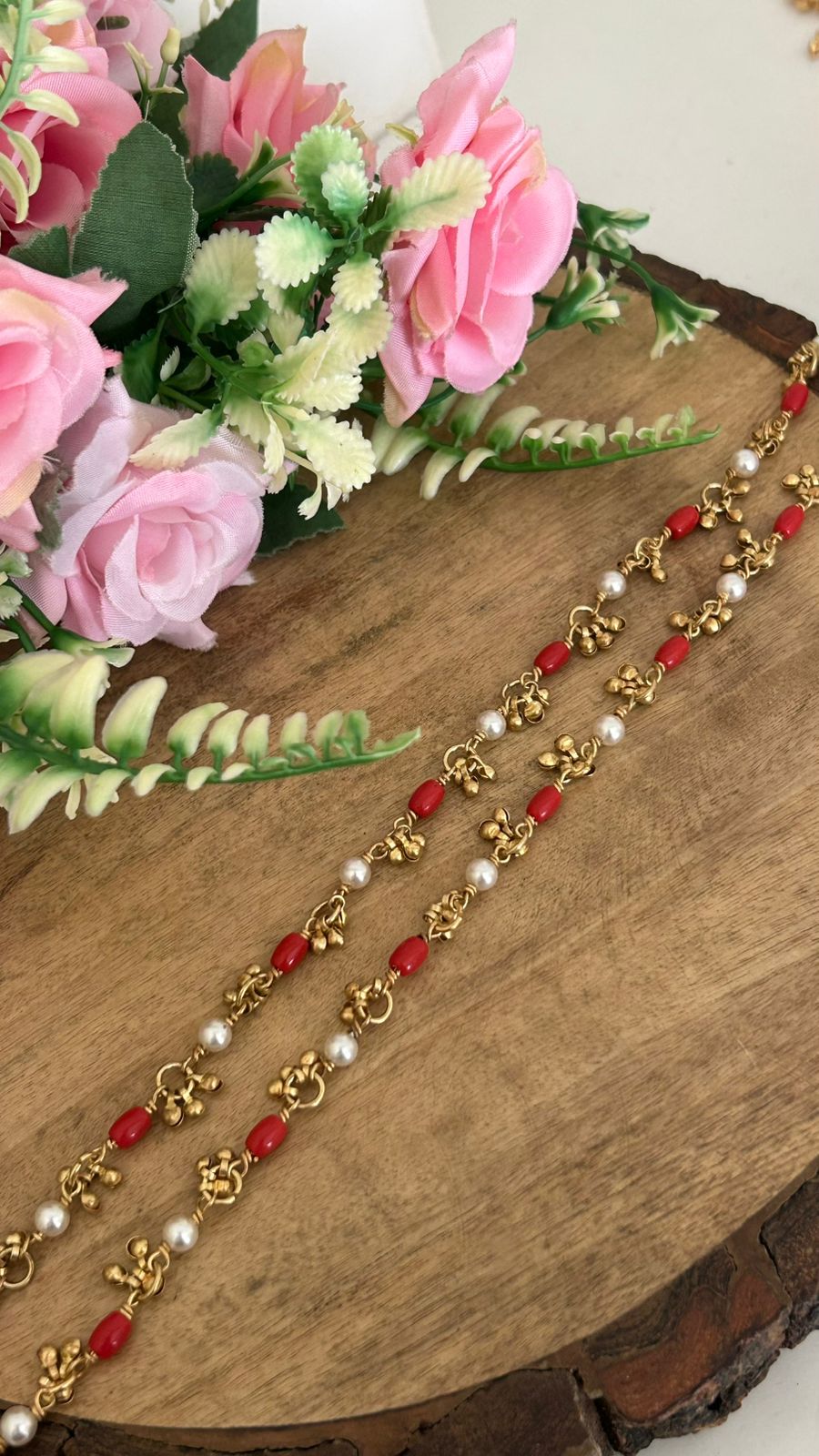 Traditional Panchaloham Anklets with coral  Red Beads & Pearl Charms in 10 n half inches