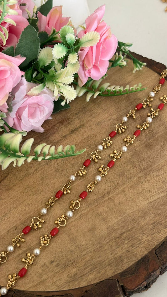 Traditional Panchaloham Anklets with coral  Red Beads & Pearl Charms in 10 n half inches