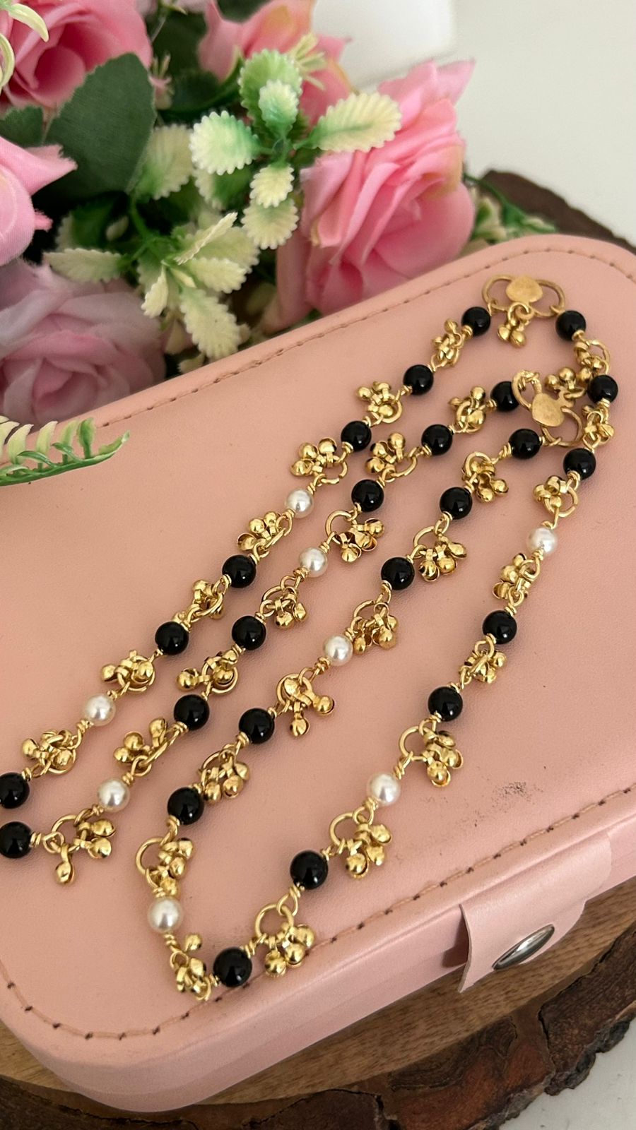 Traditional Panchaloham Anklets with Black Beads & Pearl Charms in 10 and half inch
