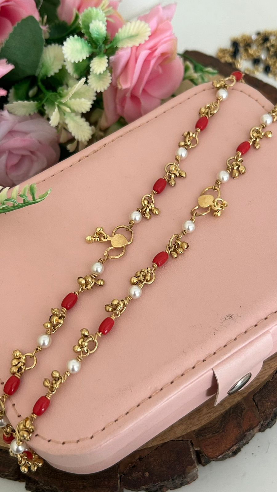 Traditional Panchaloham Anklets with coral  Red Beads & Pearl Charms in 10 n half inches