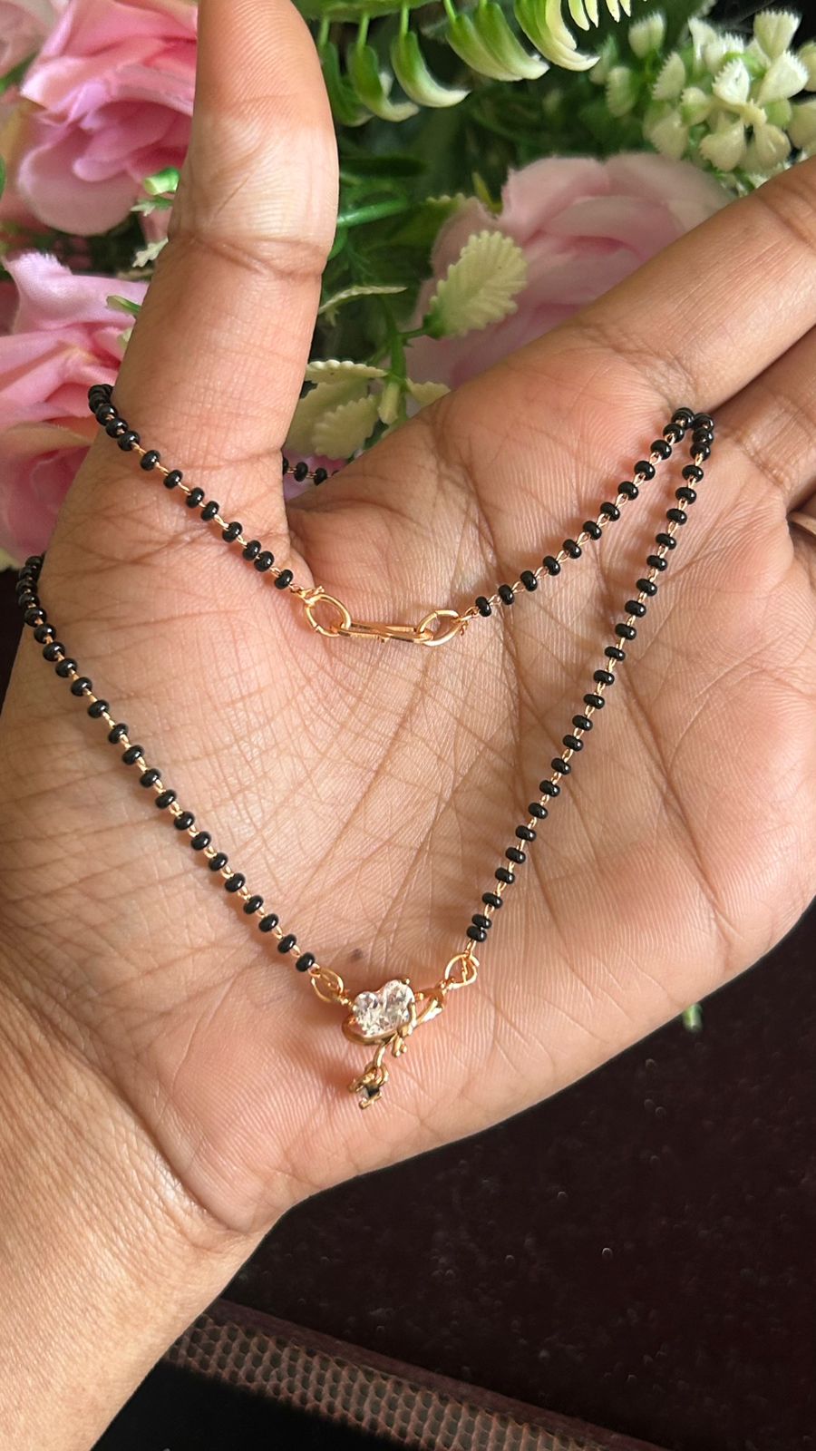 Rose Gold Finish Black Beads Mangalsutra with Crystal Heart Pendant