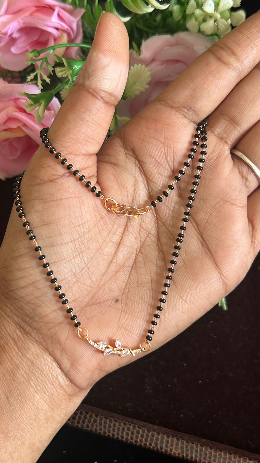 Minimal Rose Gold Black Beads Mangalsutra with Crystal Bar Connector