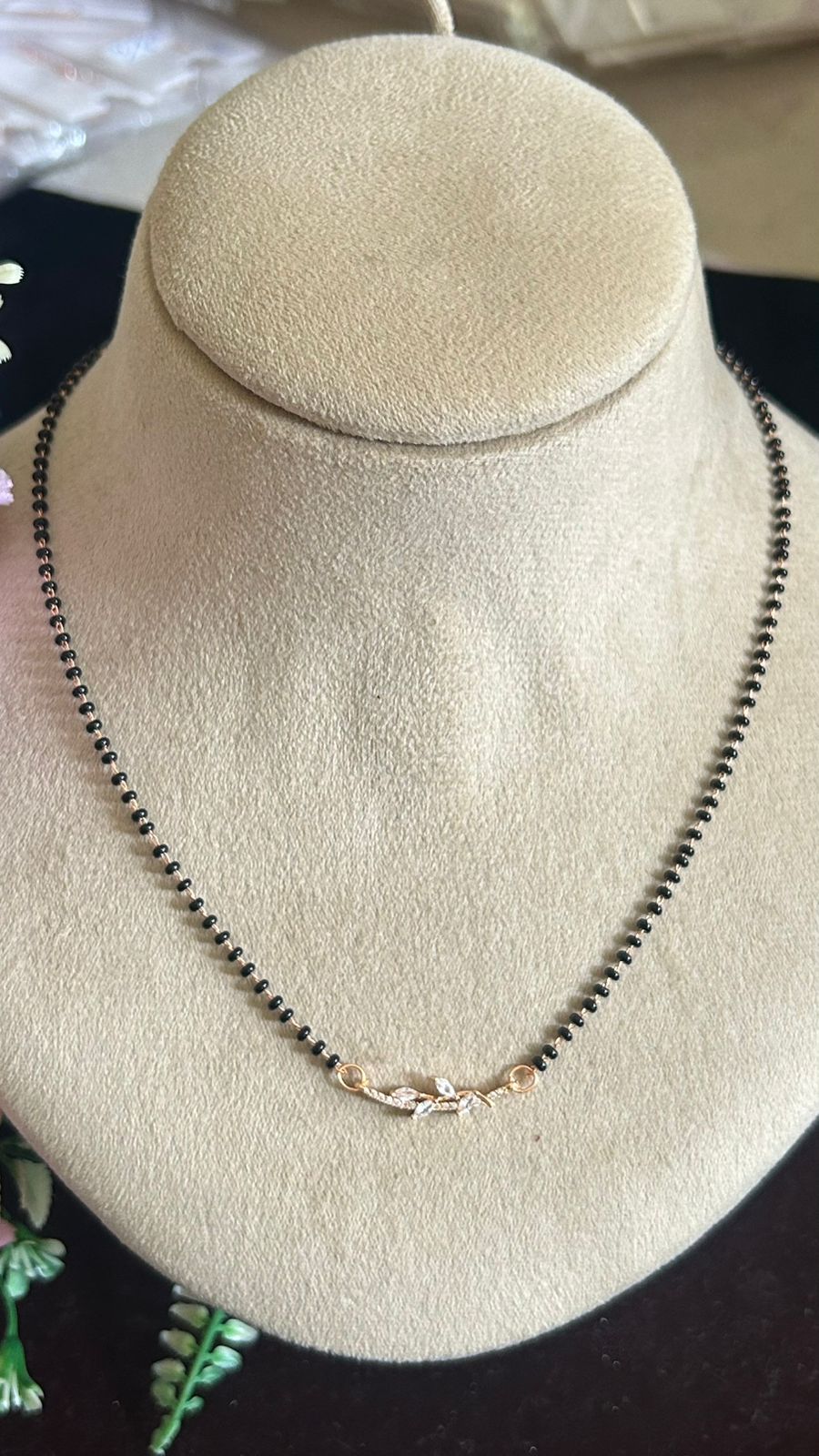 Minimal Rose Gold Black Beads Mangalsutra with Crystal Bar Connector