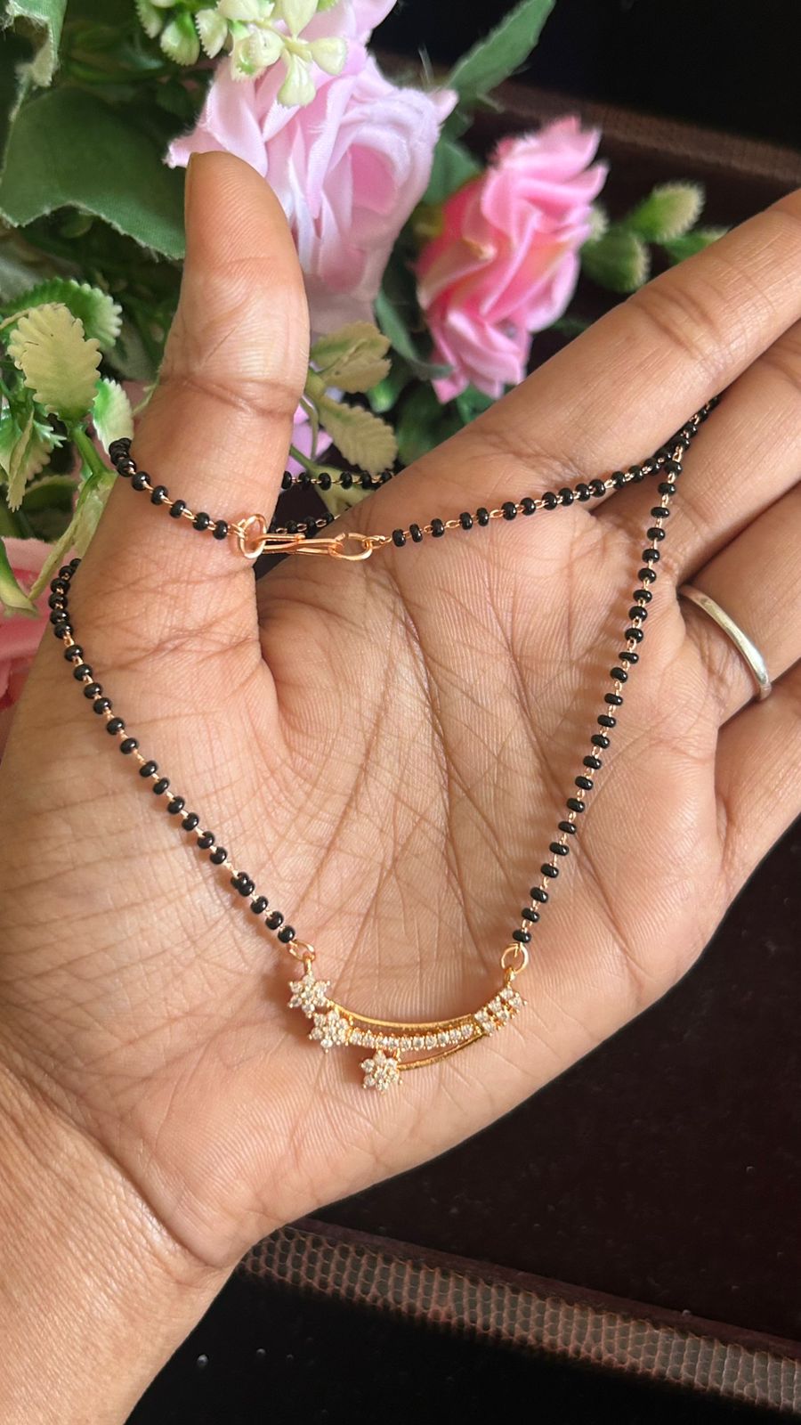 Rose Gold Finish Black Beads Mangalsutra with Curved CZ Floral Pendant