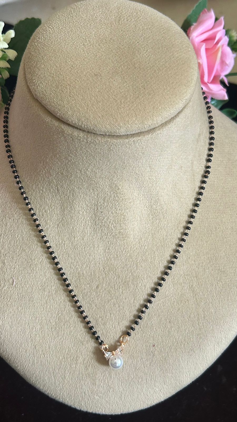 Rose Gold Finish Black Beads Mangalsutra with Pearl Drop Pendant