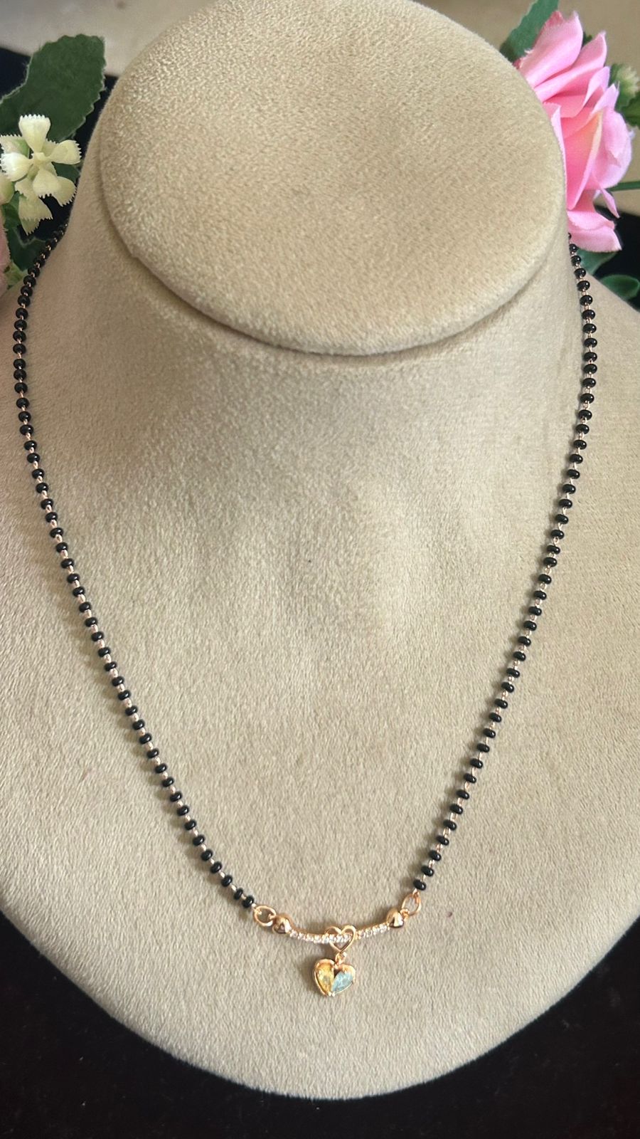 Rose Gold Finish Black Beads Mangalsutra with Dual-Tone Heart Pendant