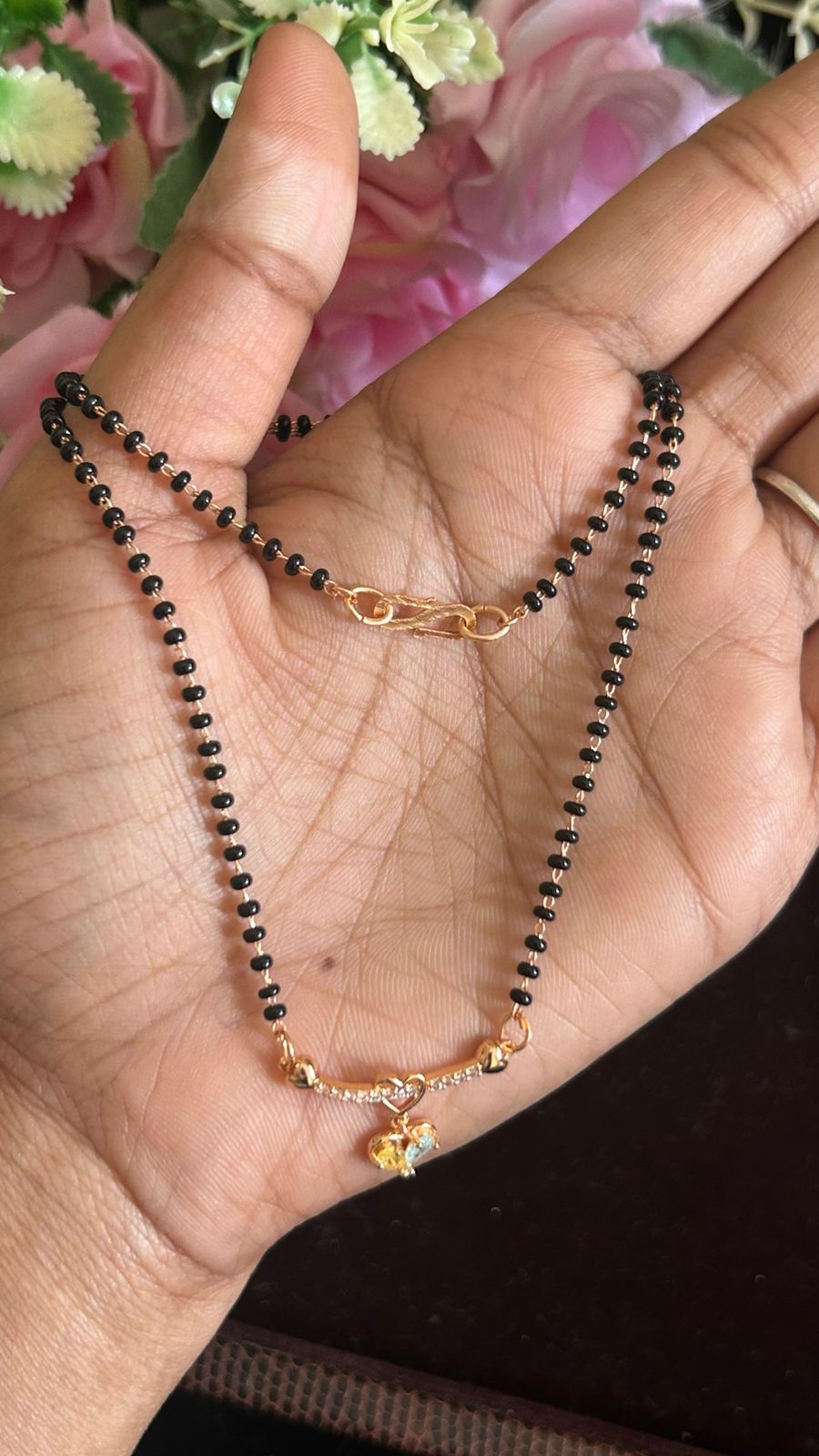 Rose Gold Finish Black Beads Mangalsutra with Dual-Tone Heart Pendant