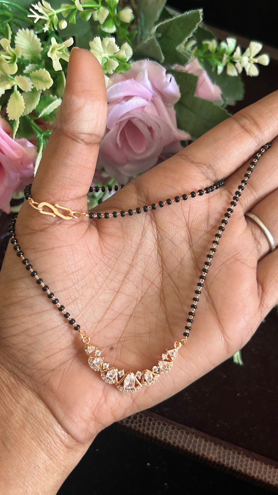 Rose Gold Finish Black Beads Mangalsutra with Layered CZ Leaf Pendant