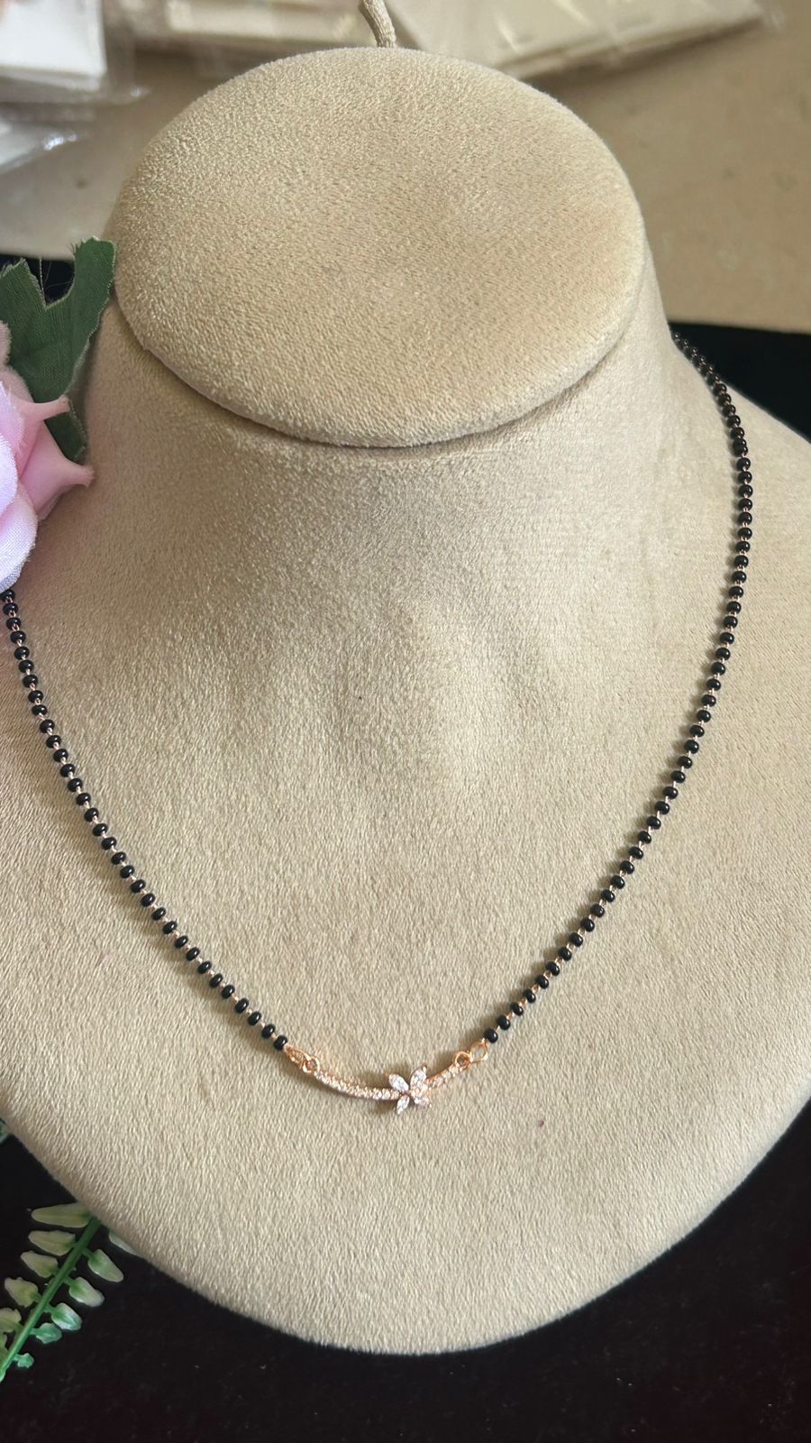 Rose Gold Finish Black Beads Mangalsutra with Elegant CZ Bow Pendant