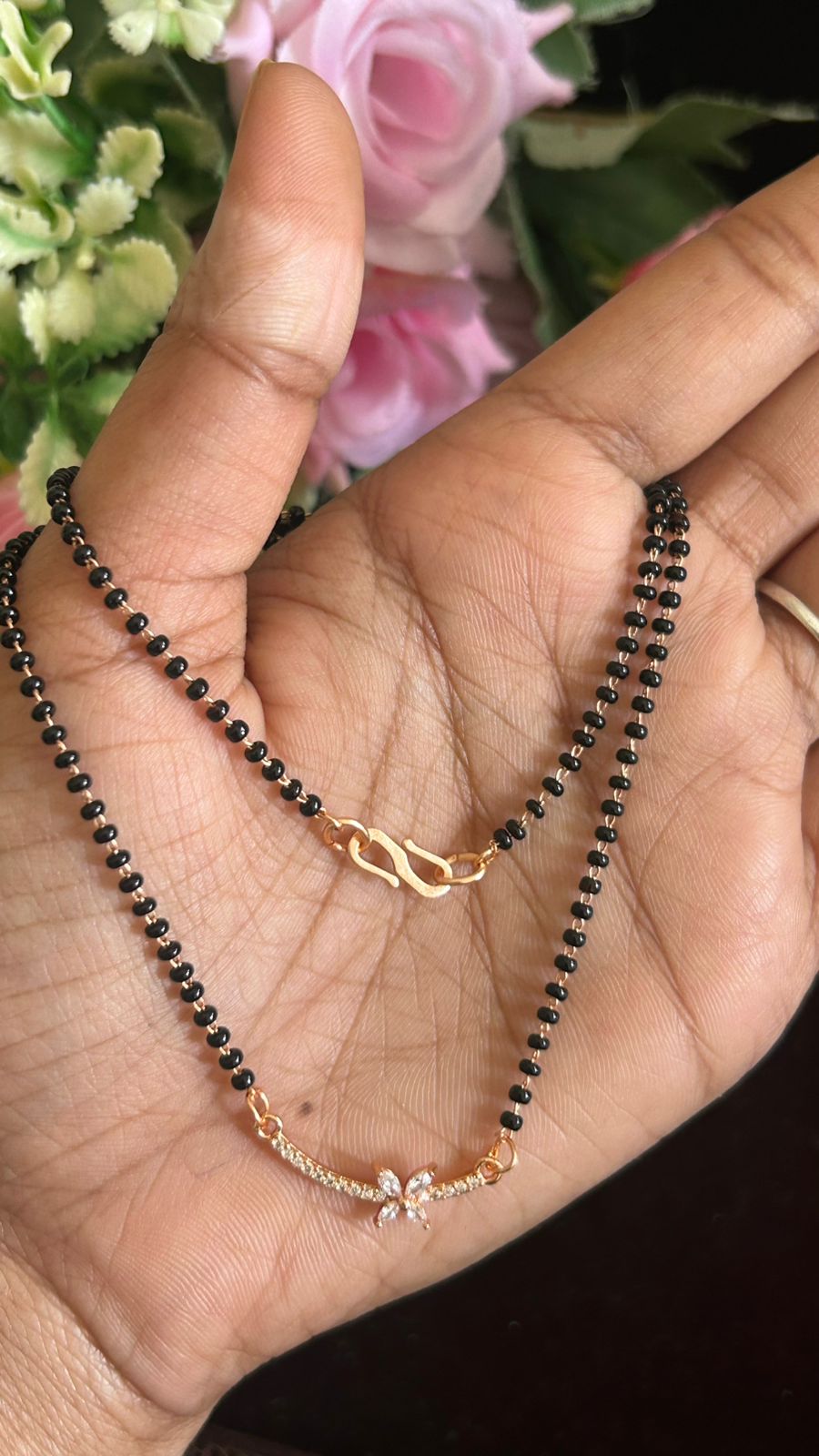 Rose Gold Finish Black Beads Mangalsutra with Elegant CZ Bow Pendant
