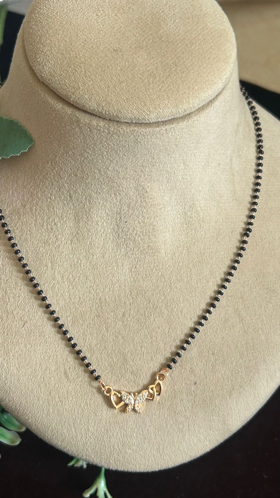Rose Gold Finish Black Beads Mangalsutra with CZ Butterfly & Heart Pendant