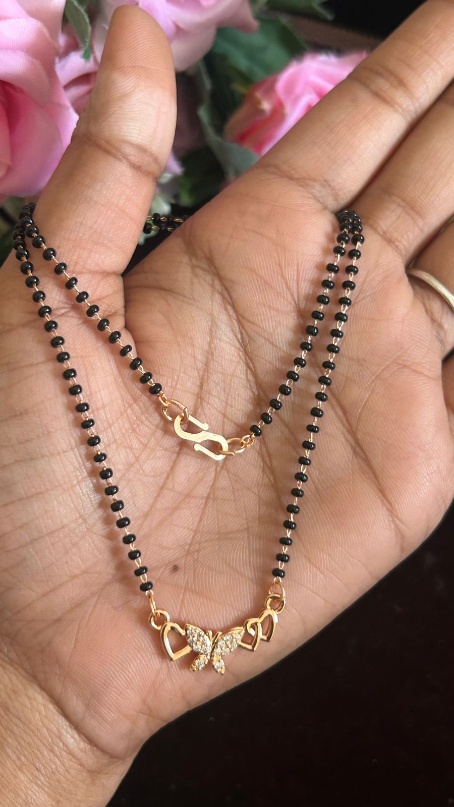 Rose Gold Finish Black Beads Mangalsutra with CZ Butterfly & Heart Pendant