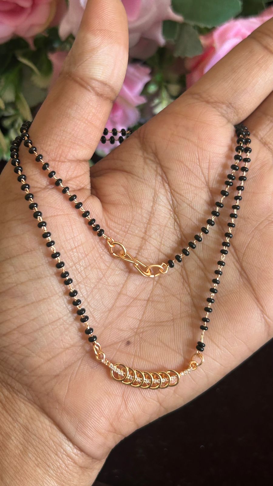Elegant Rose Gold Black Beads Mangalsutra with Circle Loop Crystal Design