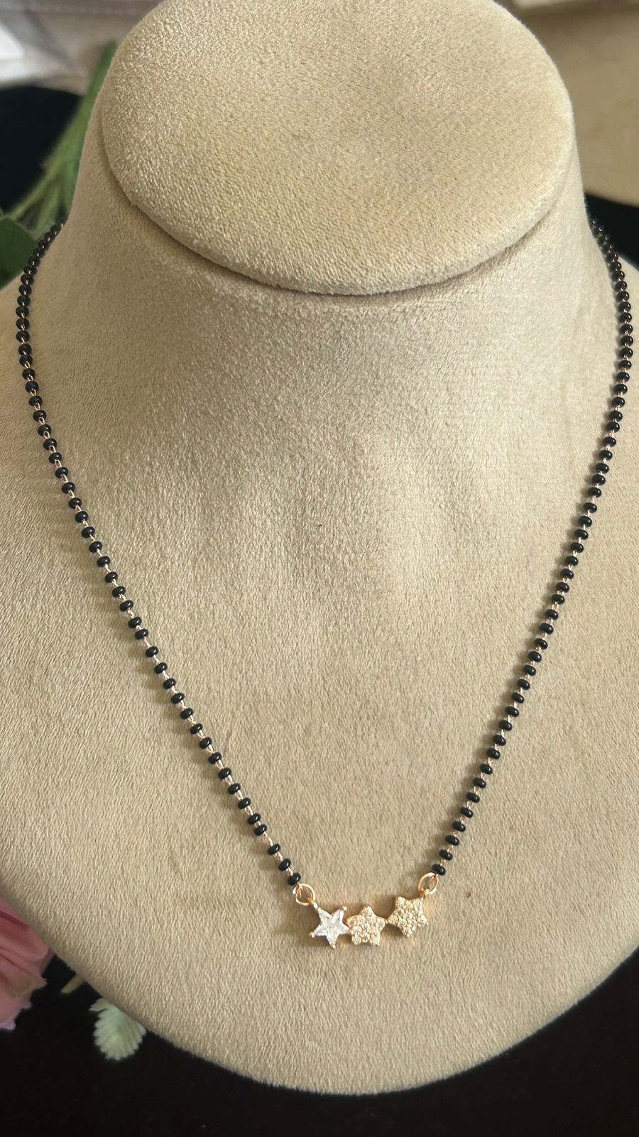 Rose Gold Finish Black Beads Mangalsutra with Triple Star CZ Pendant