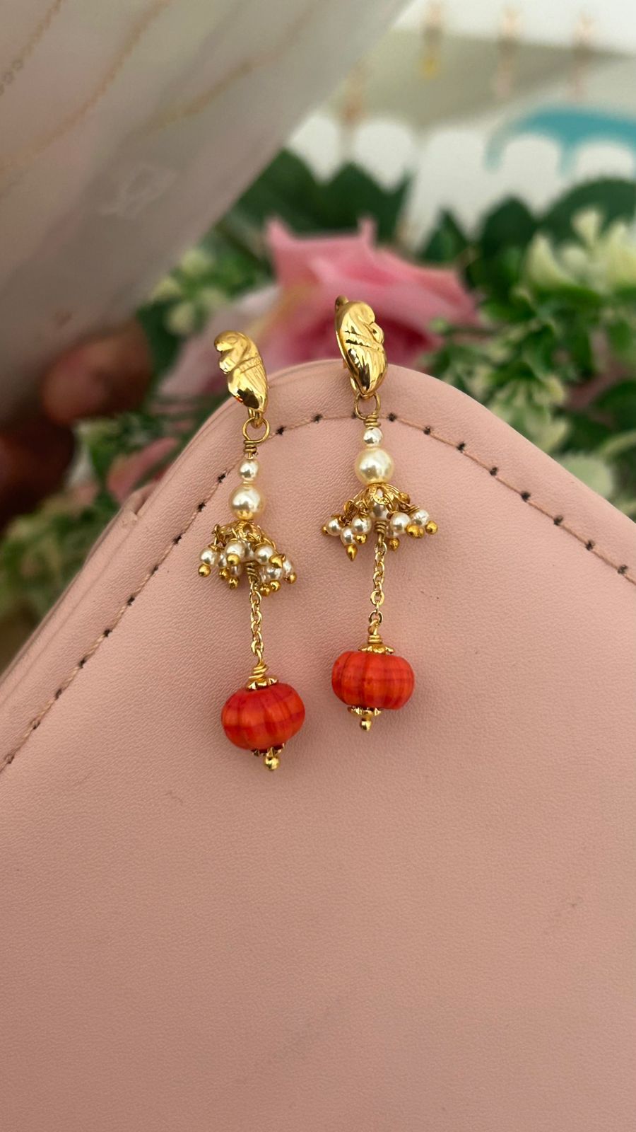 Pumpkin Bead Hanging Earrings with Swarovski Pearls – Traditional Gold Finish