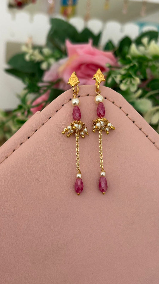 Elegant CZ pink crushed Bead Hanging Earrings with Swarovski Pearls