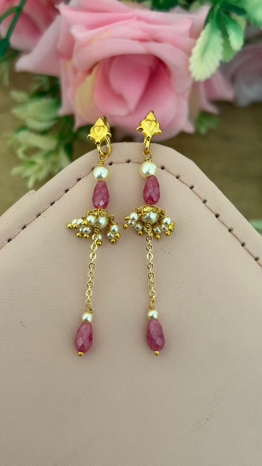 Elegant CZ pink crushed Bead Hanging Earrings with Swarovski Pearls