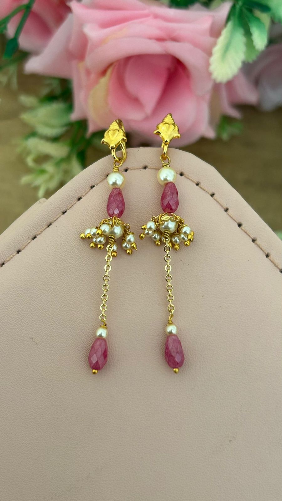 Elegant CZ pink crushed Bead Hanging Earrings with Swarovski Pearls