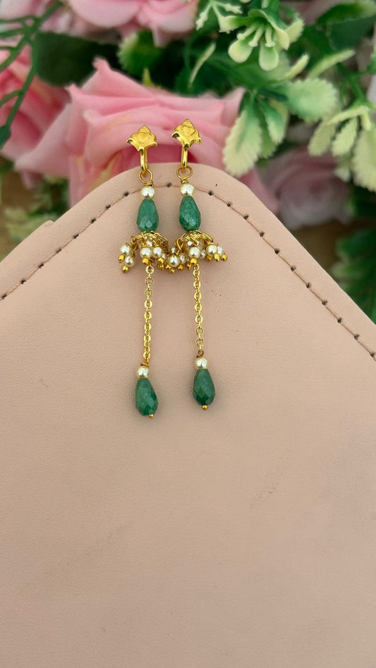 Elegant CZ sea blue crushed Bead Hanging Earrings with Swarovski Pearls