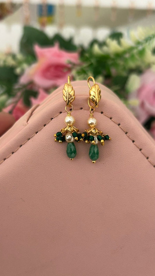 Gold Finish Green Bead Hanging Earrings with Pearl Accents