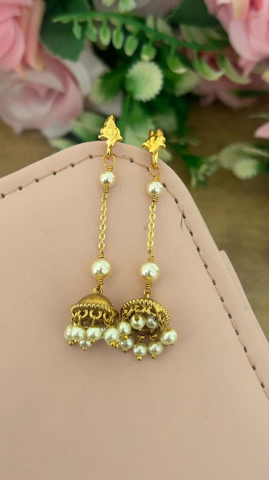 Traditional Pearl Chain Drop Jhumka Earrings