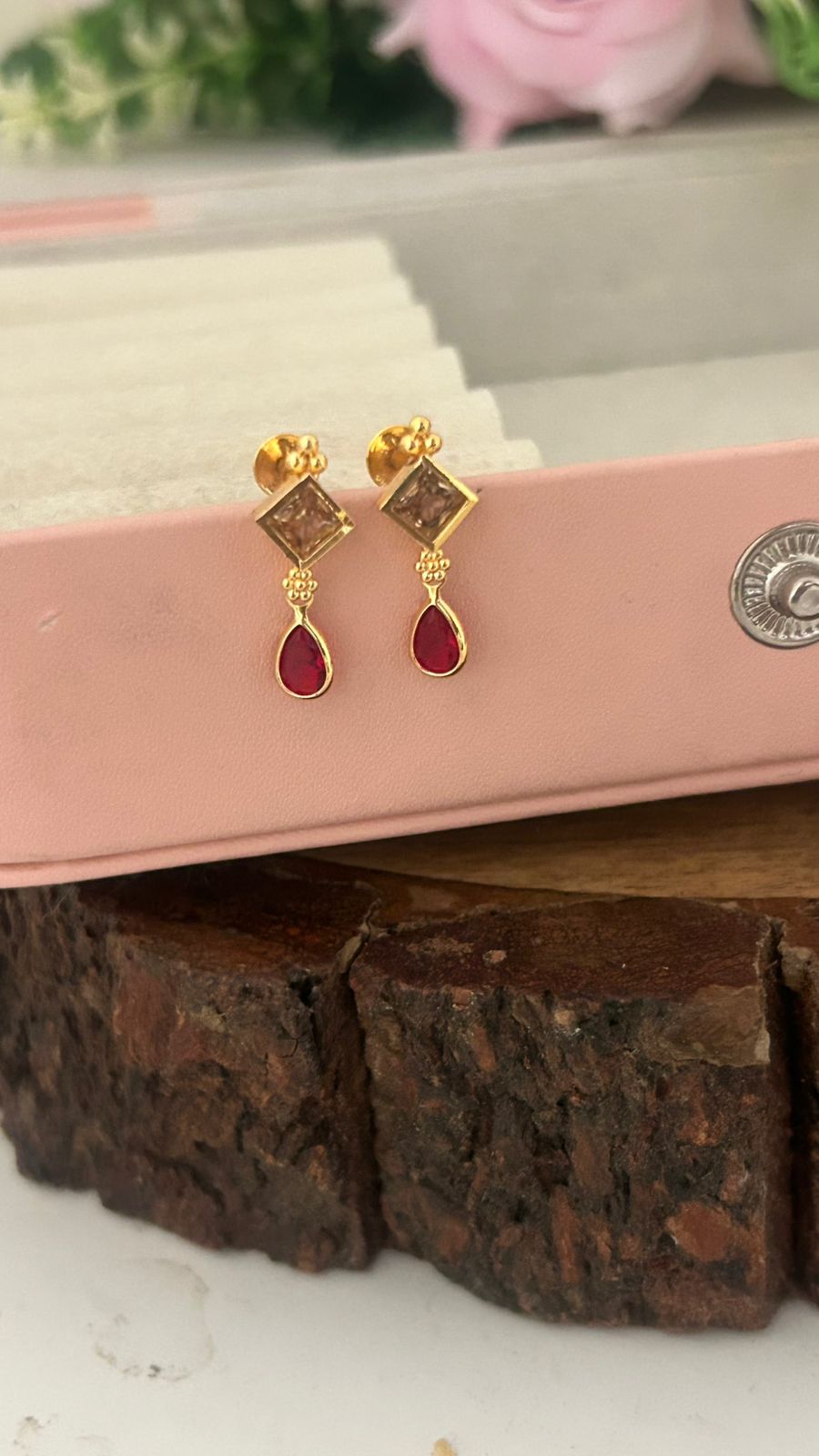 Traditional Screwback Earrings with Diamond Look Stone & green Drop